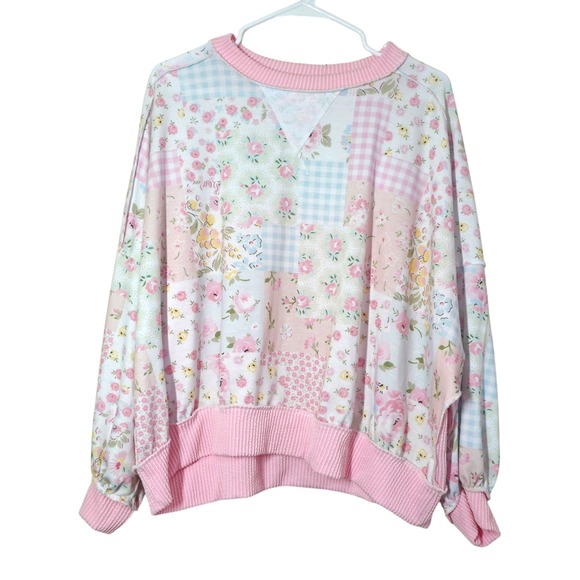 Haptics Tops - Haptics Oversized Floral Gingham Patchwork Sweatshirt Pink Waffle Back Small NEW